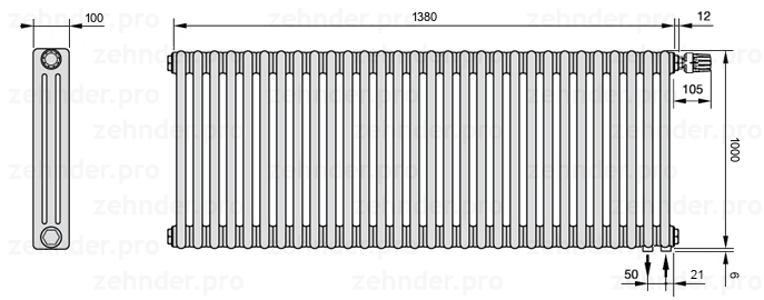 Схема (чертеж) Радиатор Zehnder Charleston 3100/30 №V002 Белый глянцевый RAL 9016